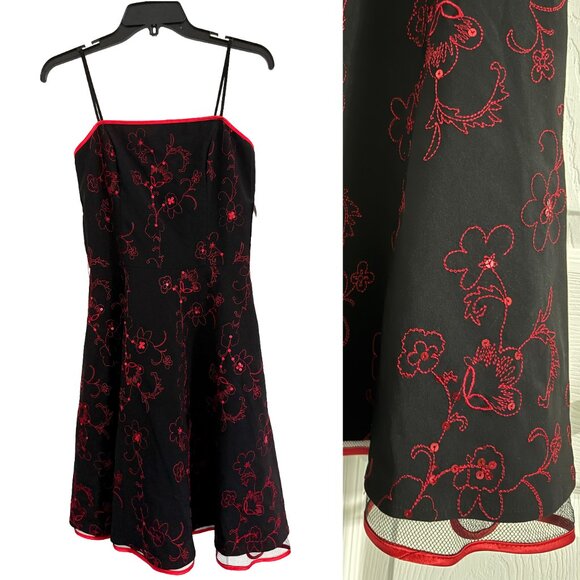 Steppin Out Fit & Flare Formal Dress Womens Black Red Embroidered Sequin - Picture 1 of 8